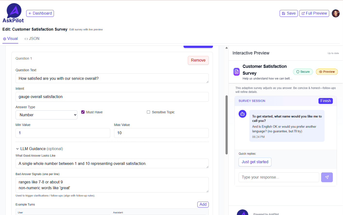 Screenshot of AskPilot survey builder showing question intent and follow-up configuration